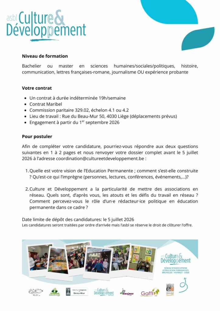 Offre d'emploi. Chargé·e de communication et rédacteur·ice politique en éducation permanente.