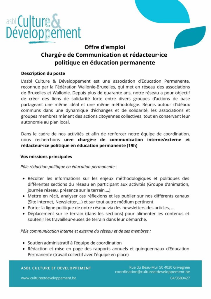 Offre d'emploi. Chargé·e de communication et rédaction politique en éducation permanente.