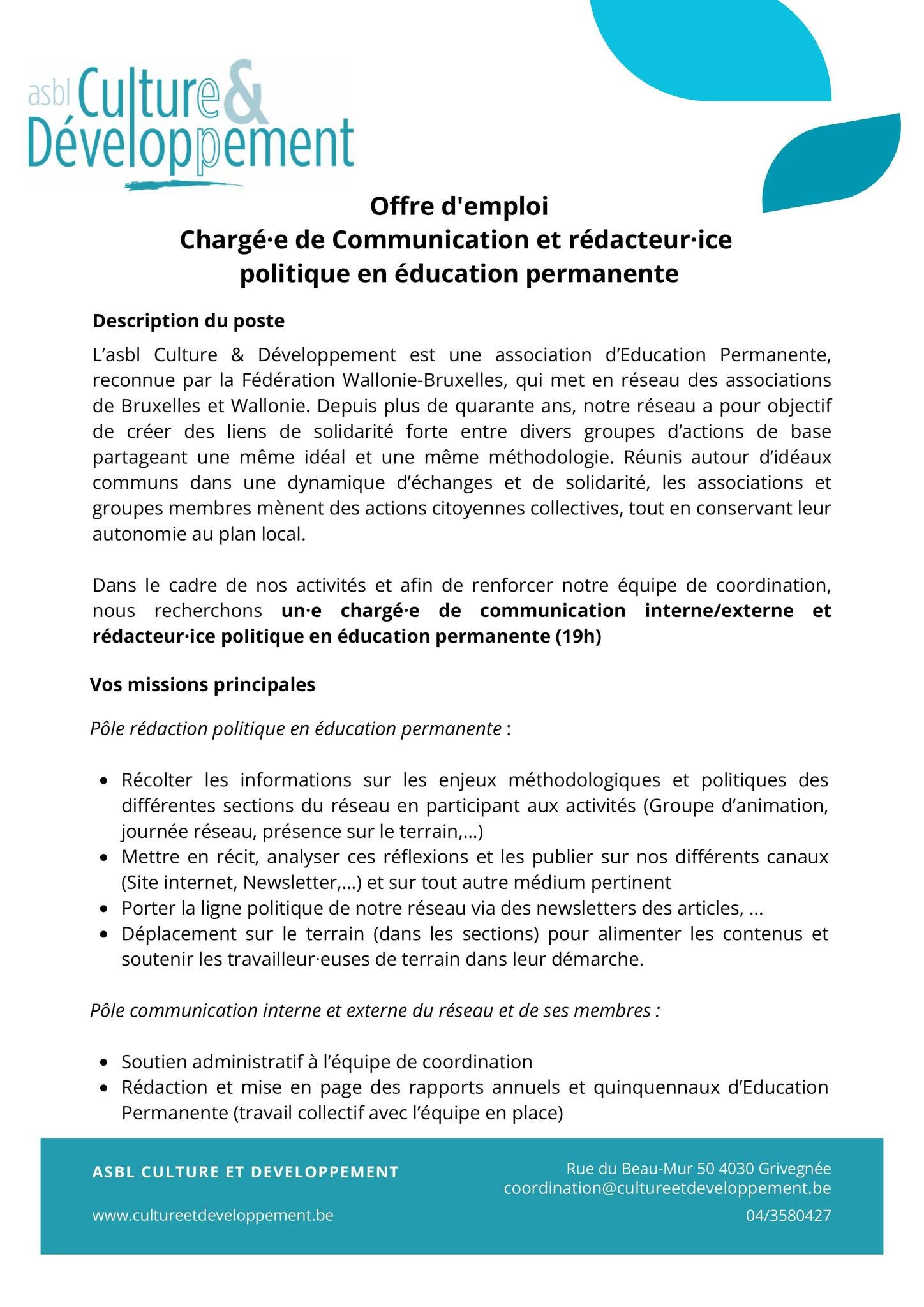 Offre d'emploi. Chargé·e de communication et rédaction politique en éducation permanente.