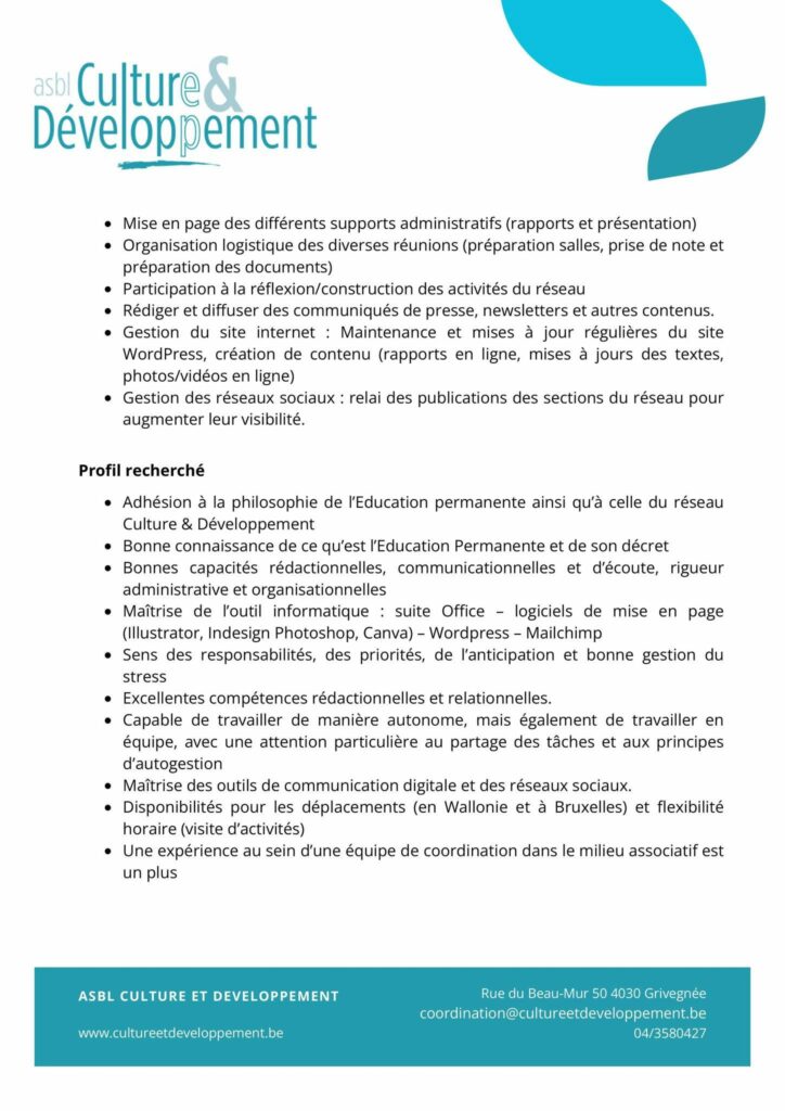 Offre d'emploi. Chargé·e de communication et rédacteur·ice politique en éducation permanente.
